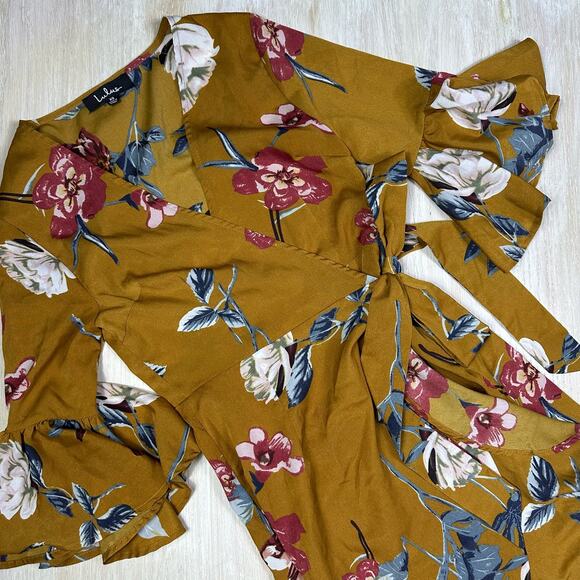 Lulu's Love & Light Mustard Yellow Floral Print Midi Romantic Faux Wrap Dress XS - Picture 9 of 16